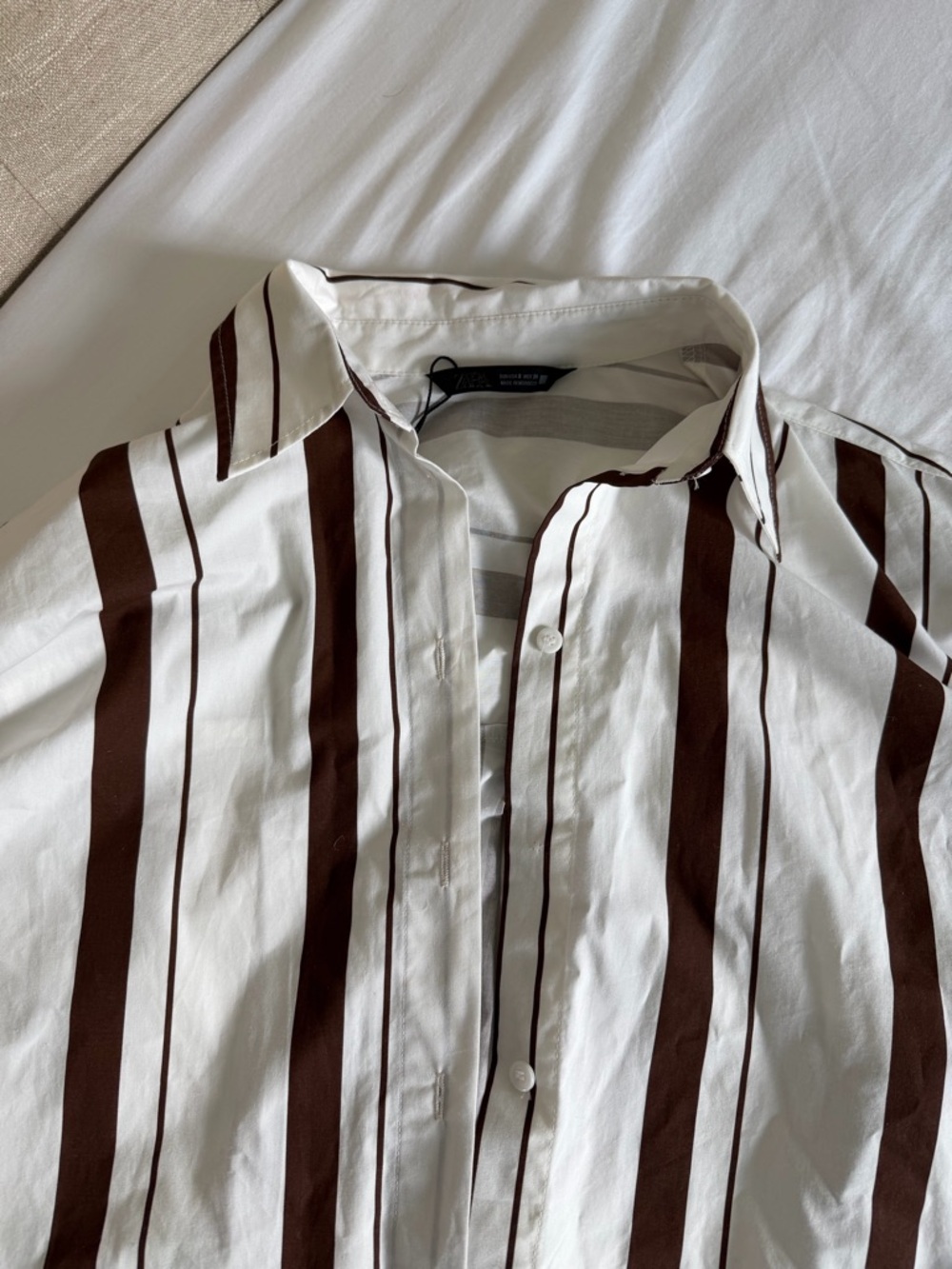 Zara White Button-Down Shirt with Brown Vertical Stripes
